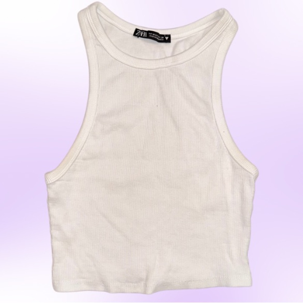 Zara Ribbed Tank Top Cropped Slim Fit in White Size Medium
